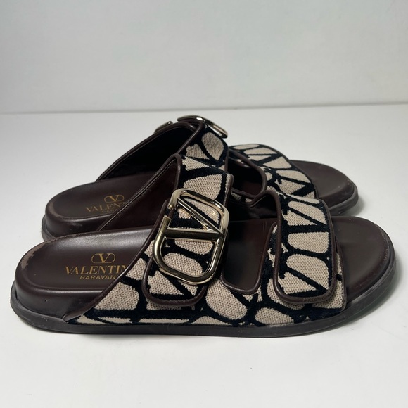 Valentino Garavani Toile Iconograph Double Strap V-Logo Slide Sandals Mule - Picture 10 of 15